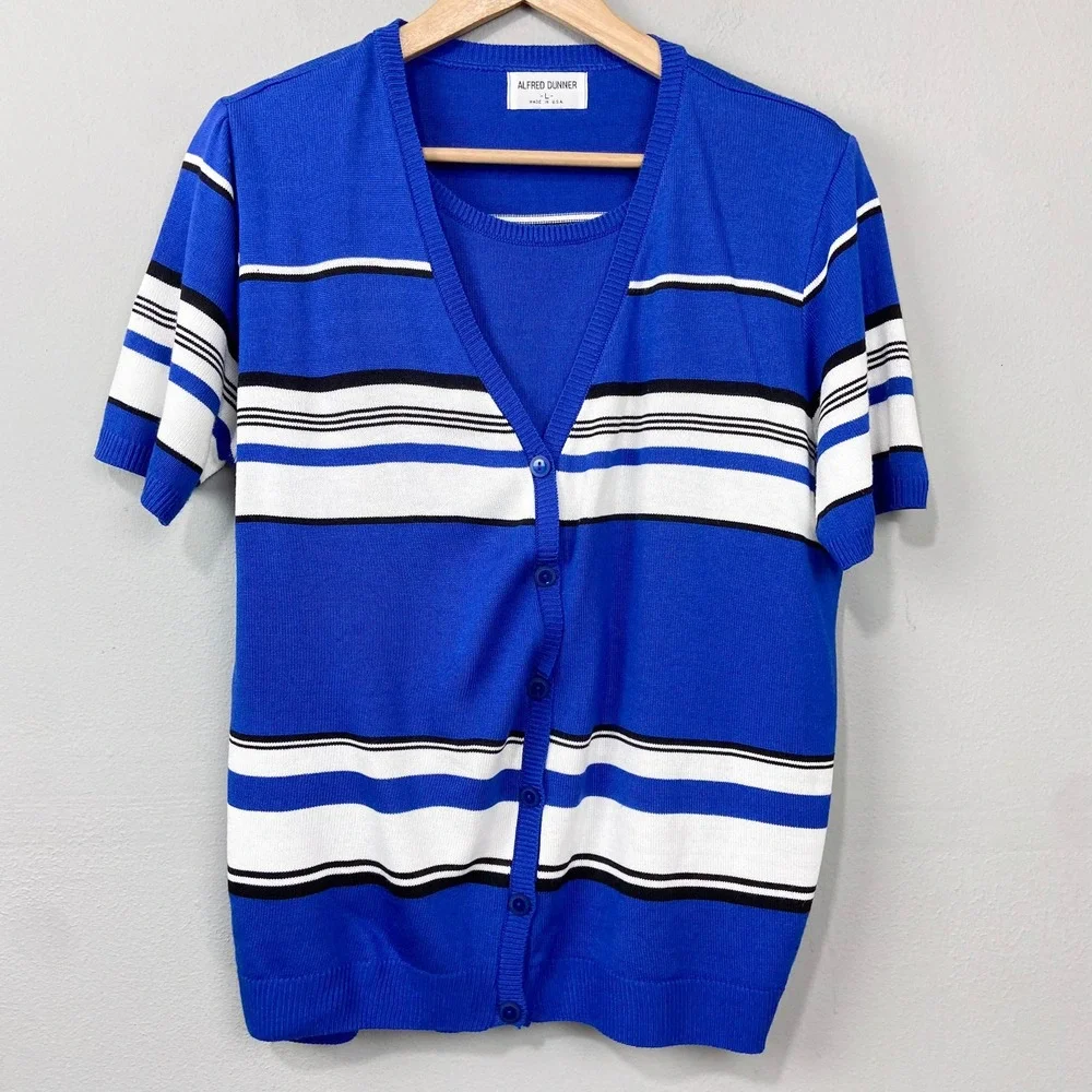 Vintage Alfred Dunner Twofer Cardigan Sweater Set Size L‎ Striped Blue Attached